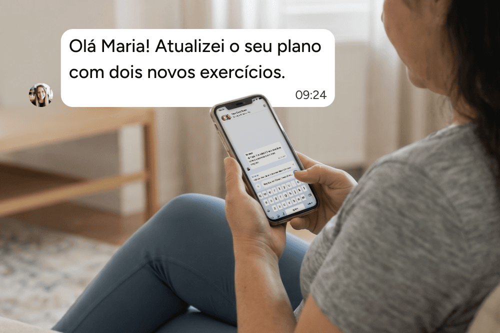 A woman sits on a couch, holding a smartphone. On the screen, a message reads: Olá Maria! Atualizei o seu plano com dois novos exercícios.