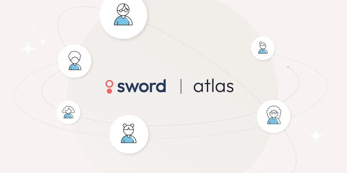 Illustration with "Sword | Atlas" text, surrounded by icons of diverse people in circles, connected by orbit-like lines on a light background.
