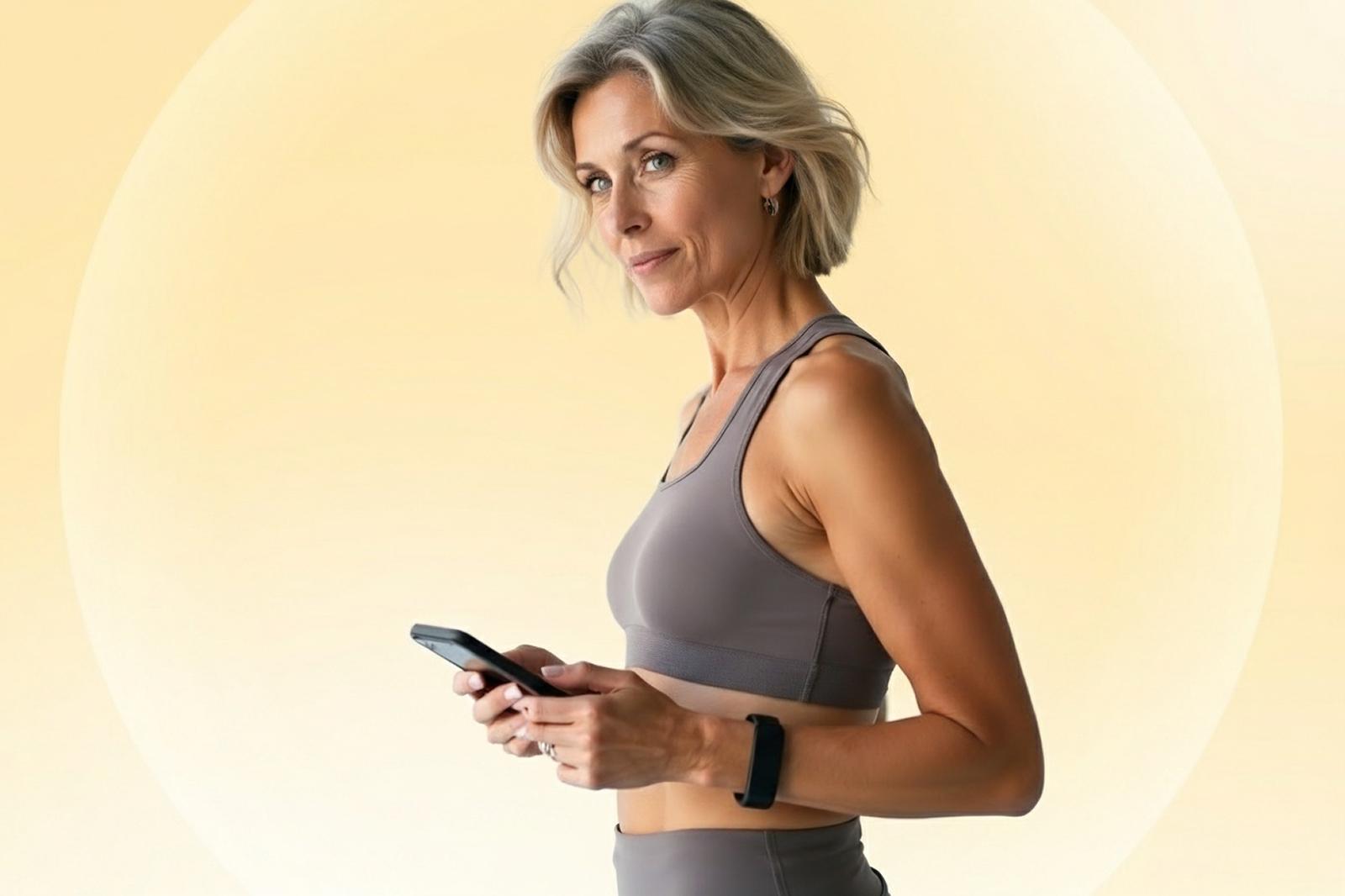 Woman in workout attire holding a smartphone, wearing a fitness tracker, against a soft yellow background.