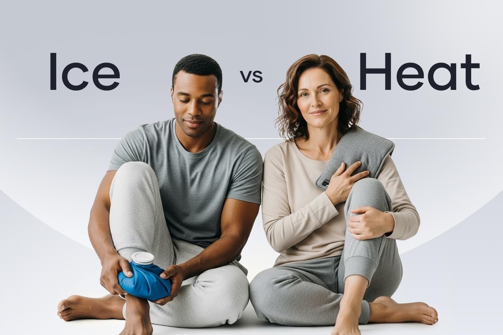 Man applying ice pack to ankle and woman using heat pad on shoulder, with "Ice vs Heat" text above them.