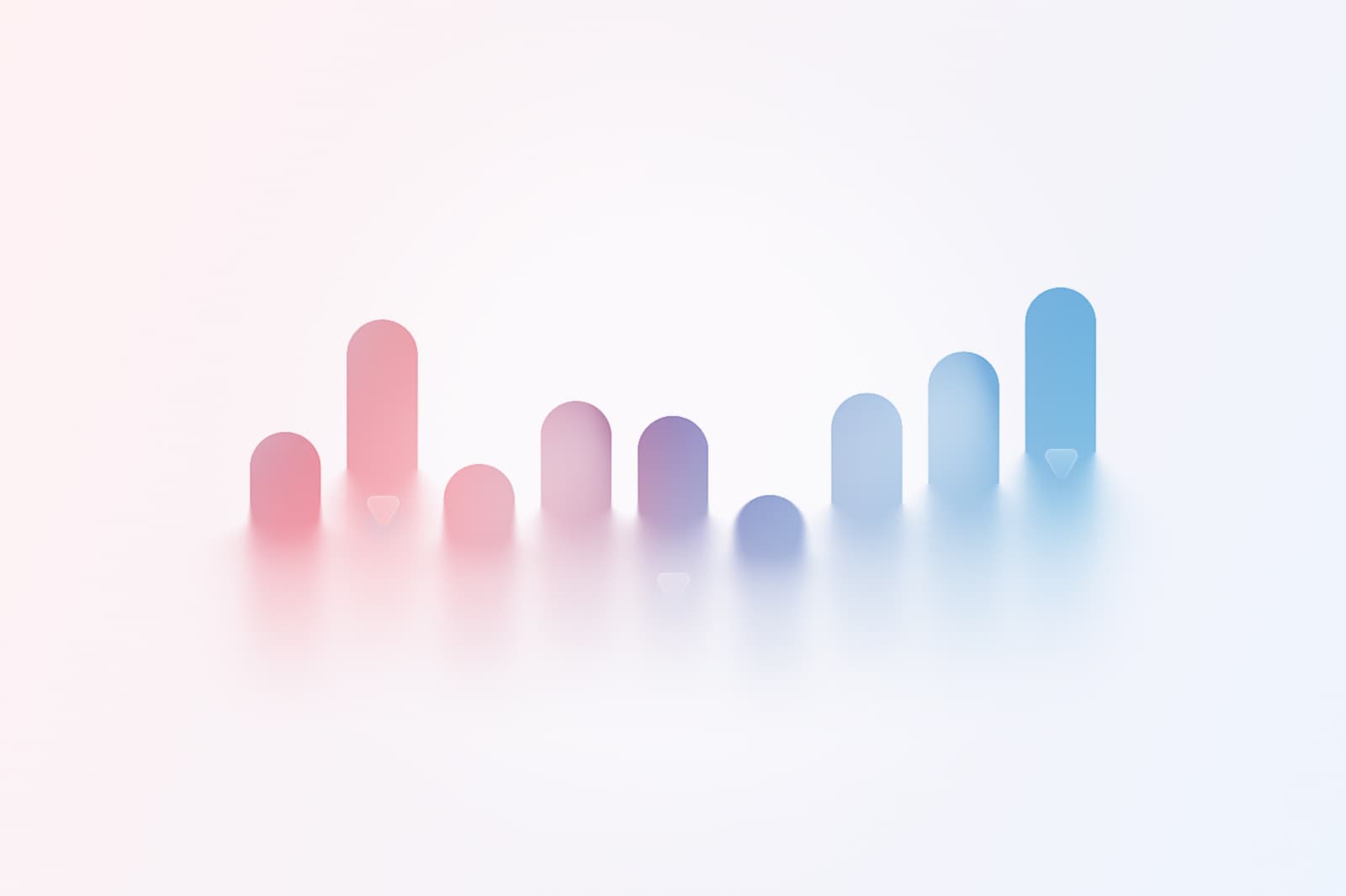 A pastel-colored bar chart with rounded bars, fading from pink on the left to blue on the right, set against a soft, blurred white background. Each bar has a small white triangle at its base.