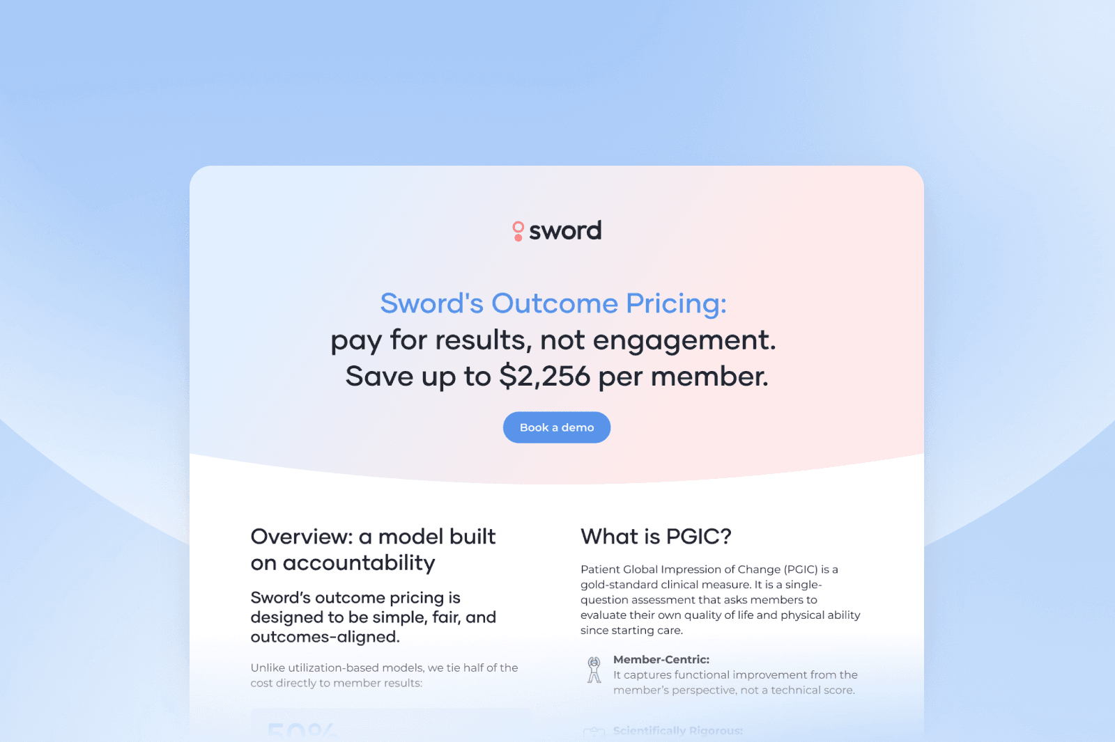 Outcome Pricing whitepaper title page highlighting outcome-based pricing, offering savings up to $2,256 per member. Includes a "Book a demo" button.