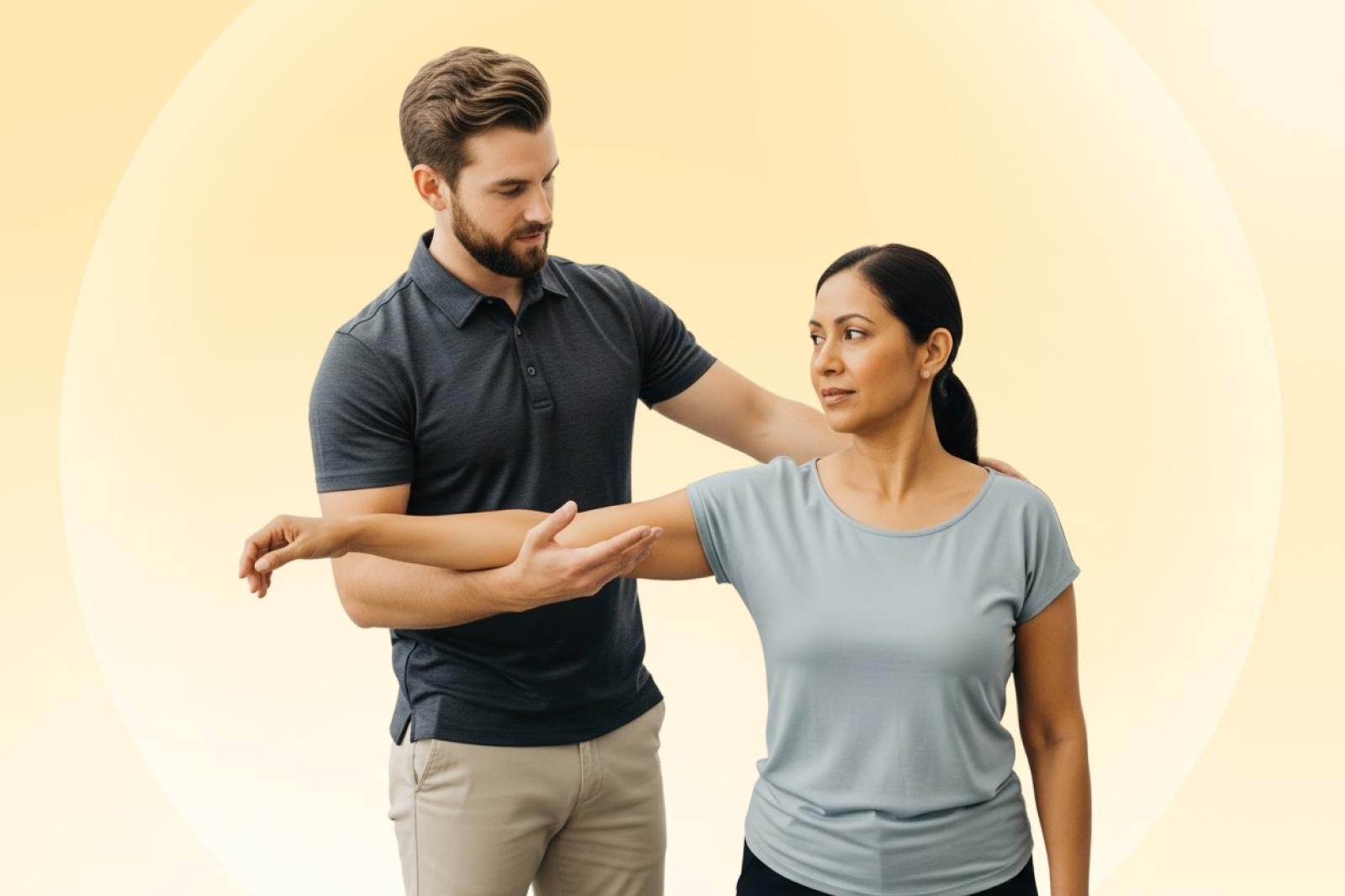 A man assists a woman in a shoulder stretch against a soft yellow background. Both wear casual clothing.