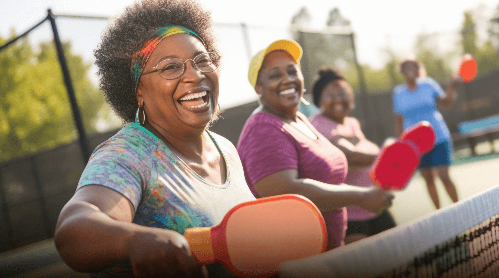 Des femmes jouent joyeusement au pickleball, raquettes en main, sur un terrain ensoleillé, avec un filet et des arbres en arrière-plan.