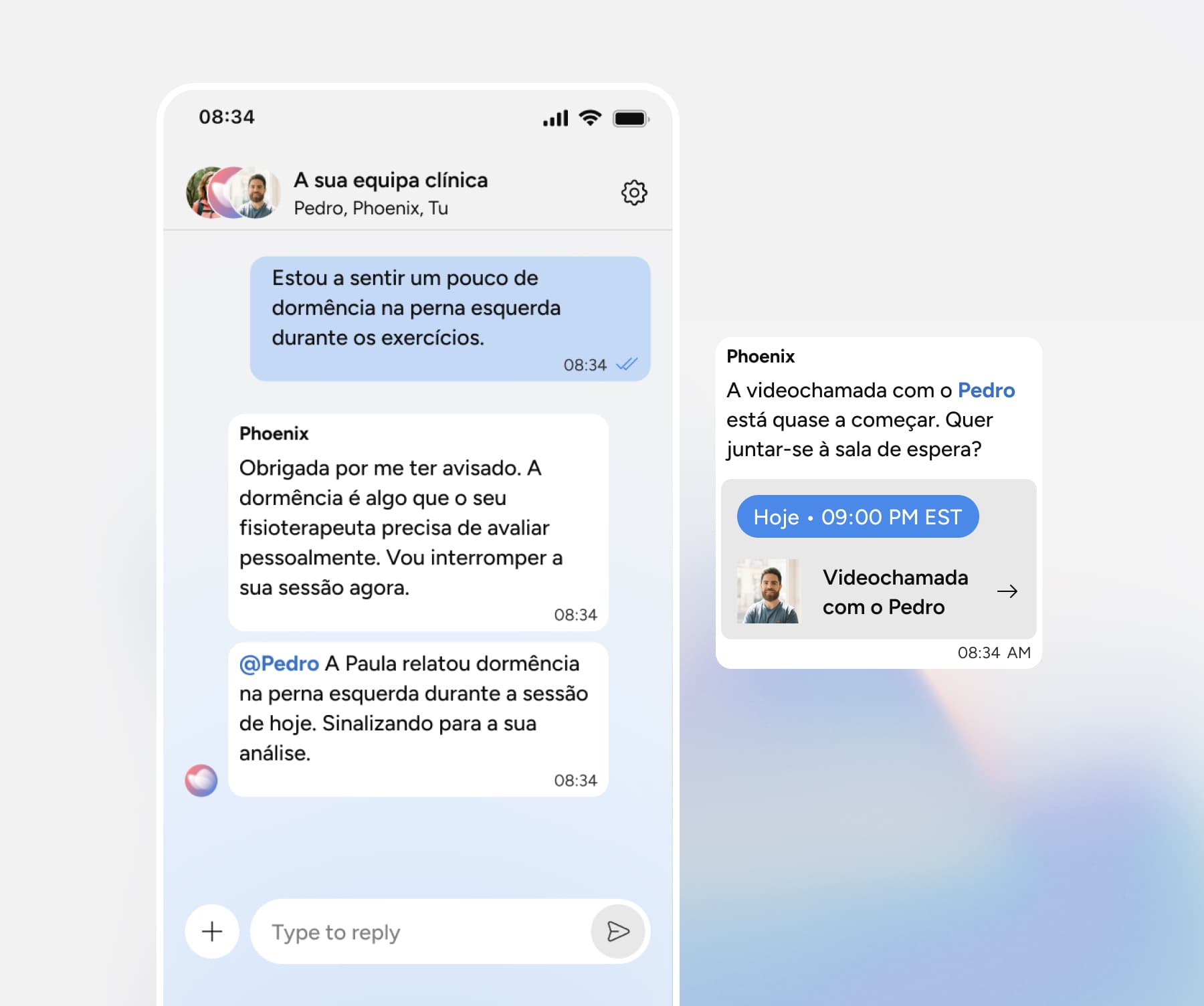 A smartphone screen shows a chat between a patient and a clinic team discussing leg numbness, scheduling a video call, and messages highlighting the need for physiotherapist assessment. A video call reminder is also displayed.