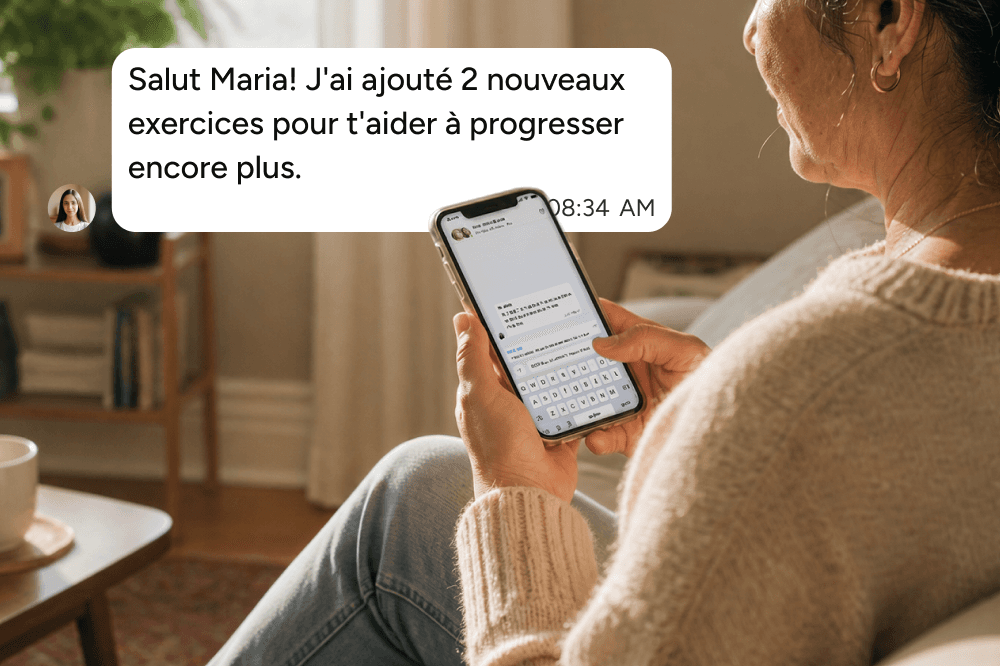 A woman sits on a couch holding a phone, reading a message in French about two new exercises to help her progress further. The time on the phone is 08:34 AM.