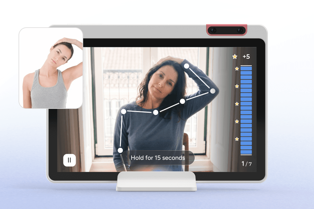 A woman follows a neck stretch exercise on a screen, mirroring the instructor’s tilt and holding the pose for 15 seconds. Progress and score indicators are shown on the display.