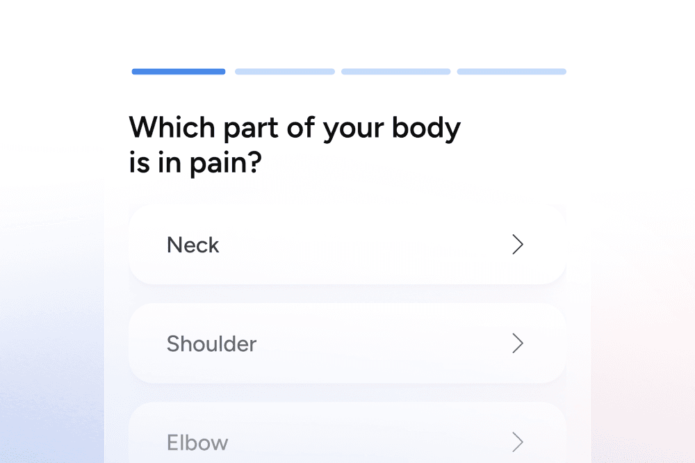 A screen asks, Which part of your body is in pain? with options: Neck, Shoulder, and Elbow. Each option has a right arrow for selection.