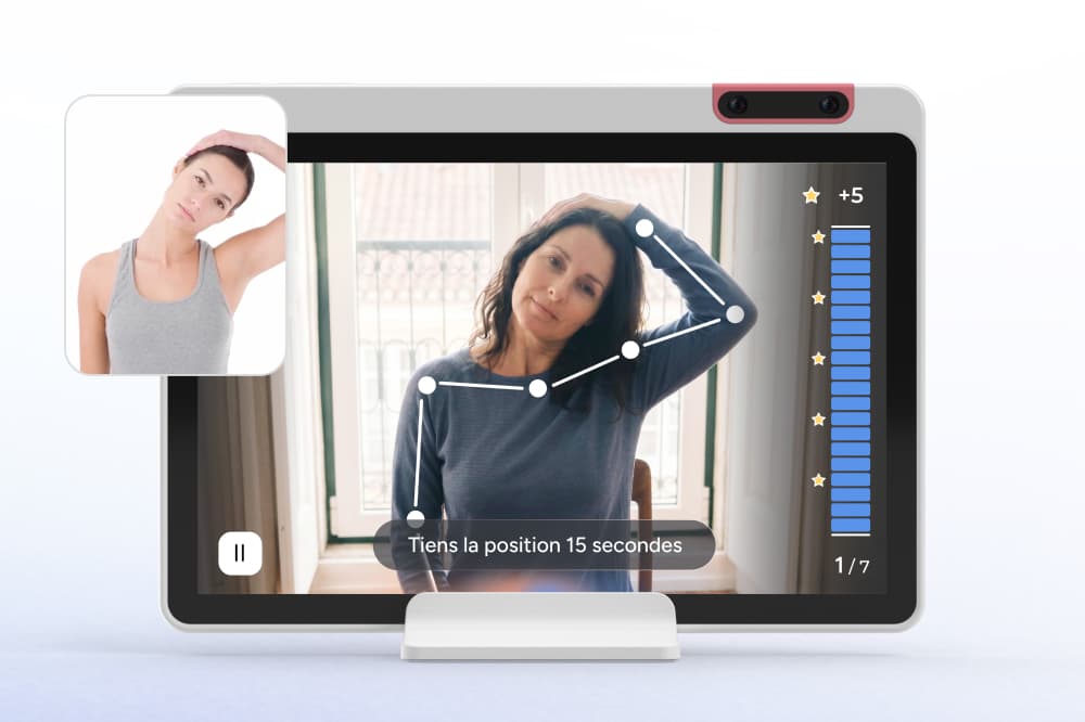 A woman tilts her head sideways, following on-screen rehab exercise instructions in French, with progress bars and a star rating shown on a tablet.