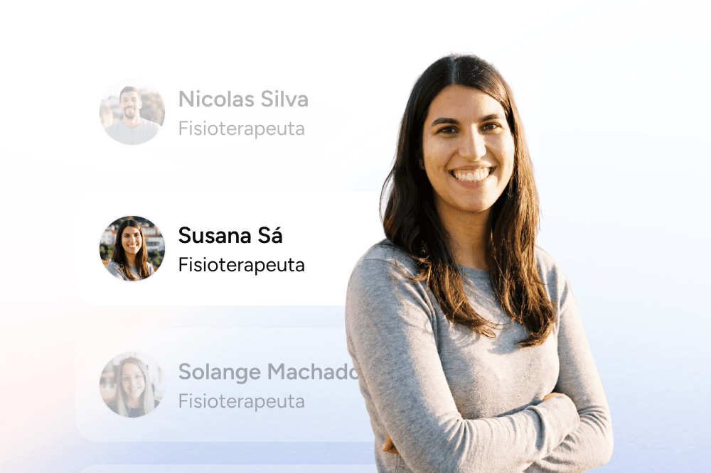 A woman with long dark hair, wearing a gray sweater, stands smiling with arms crossed. Her name, Susana Sá, and title, Fisioterapeuta, are highlighted next to her among other faded names and titles.