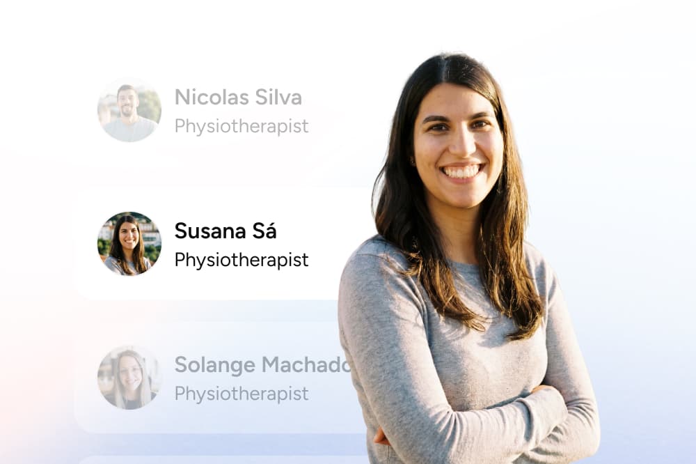 A woman with long dark hair and a grey shirt smiles with arms crossed. Her name, Susana Sá, Physiotherapist, is highlighted next to a small photo, while two other faded names and photos appear in the background.