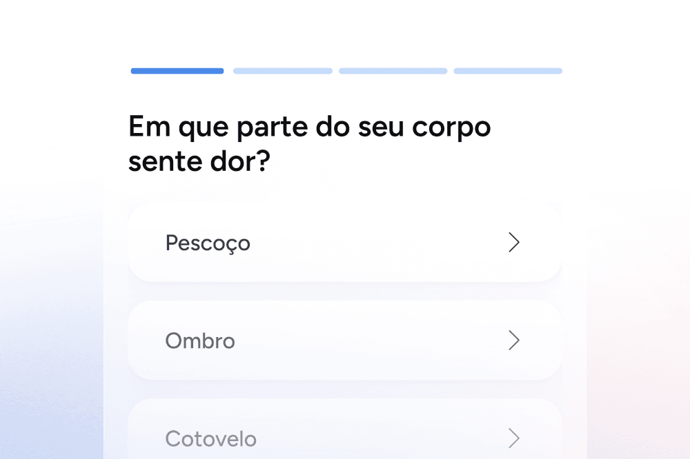 A screen with the question Em que parte do seu corpo sente dor? and options: Pescoço, Ombro, and Cotovelo in a list format.