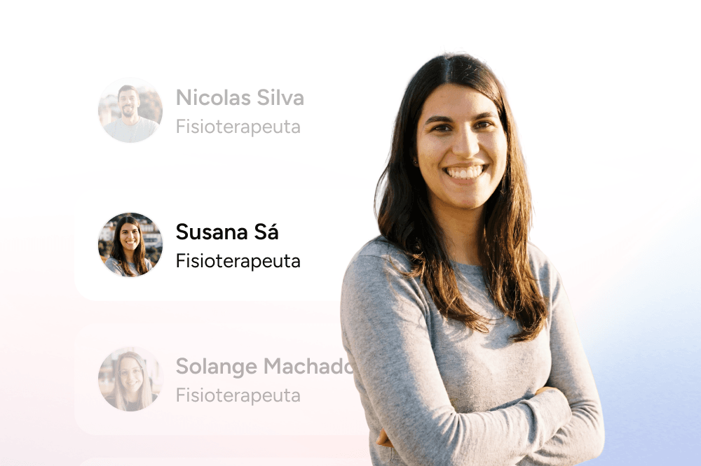 A woman with long dark hair, wearing a gray long-sleeve shirt, stands smiling with her arms crossed. Her name, Susana Sá, and the title Fisioterapeuta are highlighted next to her photo.