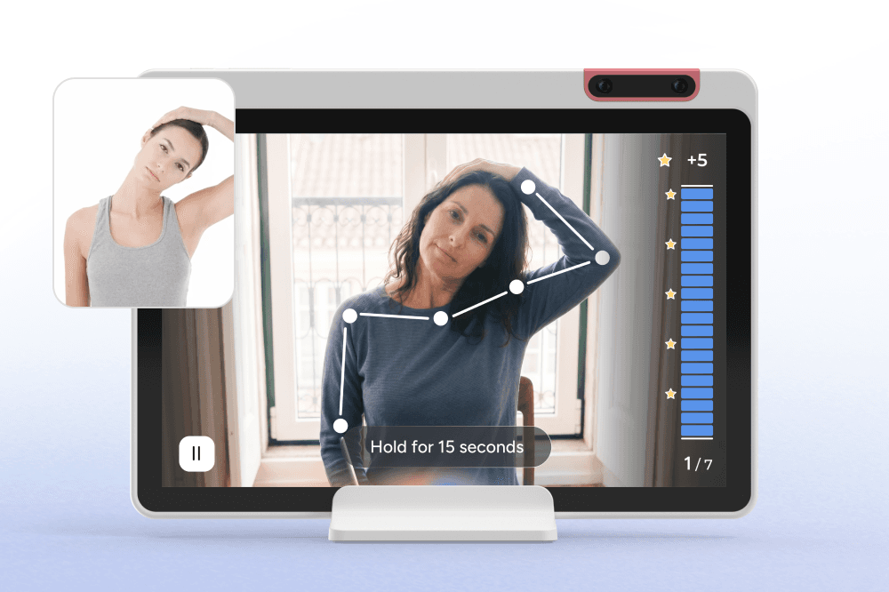 A tablet displays a woman doing a neck stretch, with points mapped along her body. An inset shows another woman demonstrating the same stretch. The screen shows stars, a progress bar, and the text Hold for 15 seconds.