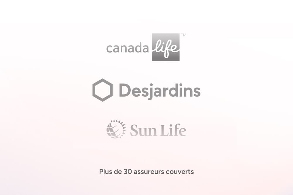 Logos for Canada Life, Desjardins, and Sun Life are shown above French text that reads, Plus de 30 assureurs couverts, meaning, More than 30 insurers covered..