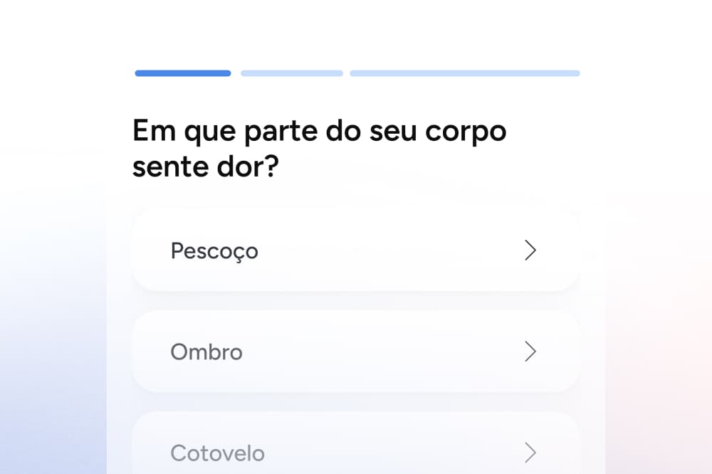 Screen showing a question in Portuguese: Em que parte do seu corpo sente dor? with selectable options Pescoço, Ombro, and Cotovelo. Blue and white design with soft gradients.