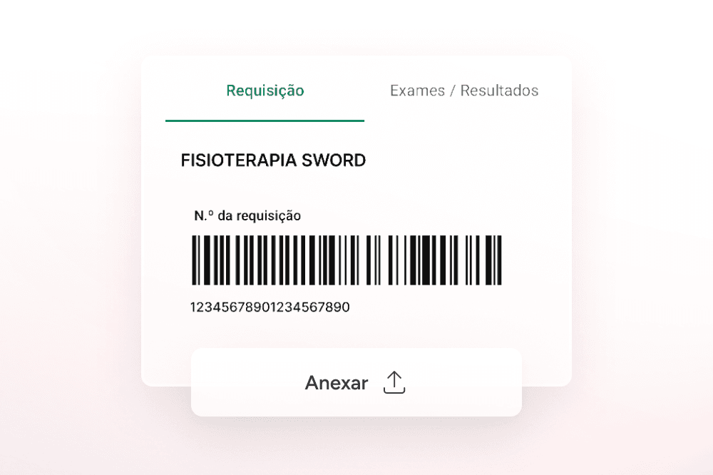 A digital requisition form for FISIOTERAPIA SWORD showing a barcode, requisition number 12345678901234567890, and a button labeled Anexar with an upload icon.
