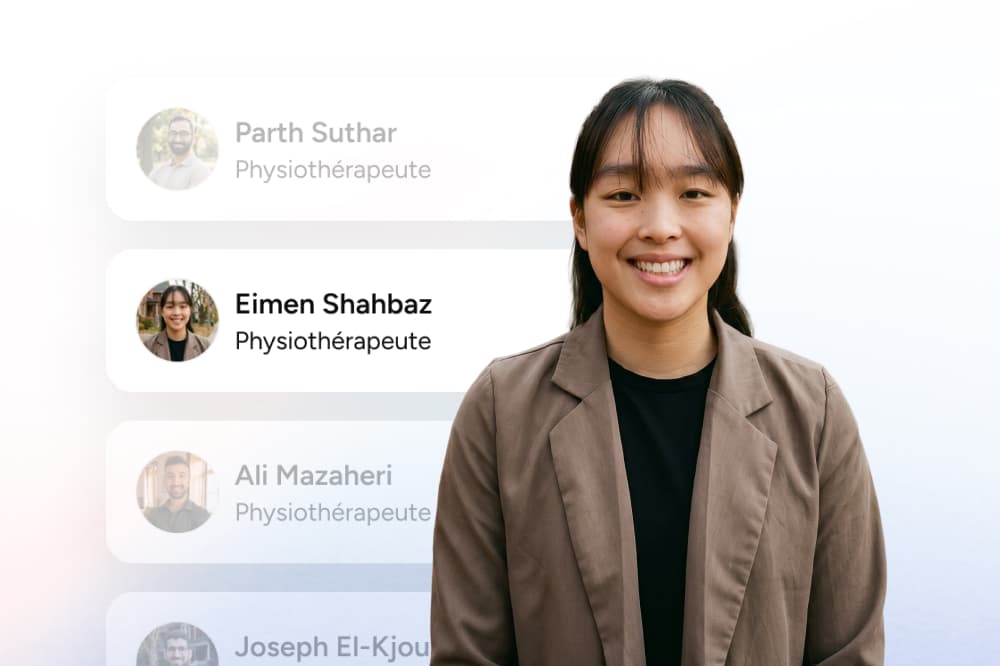 A woman smiles at the camera. Beside her is a highlighted profile showing her name, Eimen Shahbaz, and her title, Physiothérapeute, with other faded profiles listed above and below.