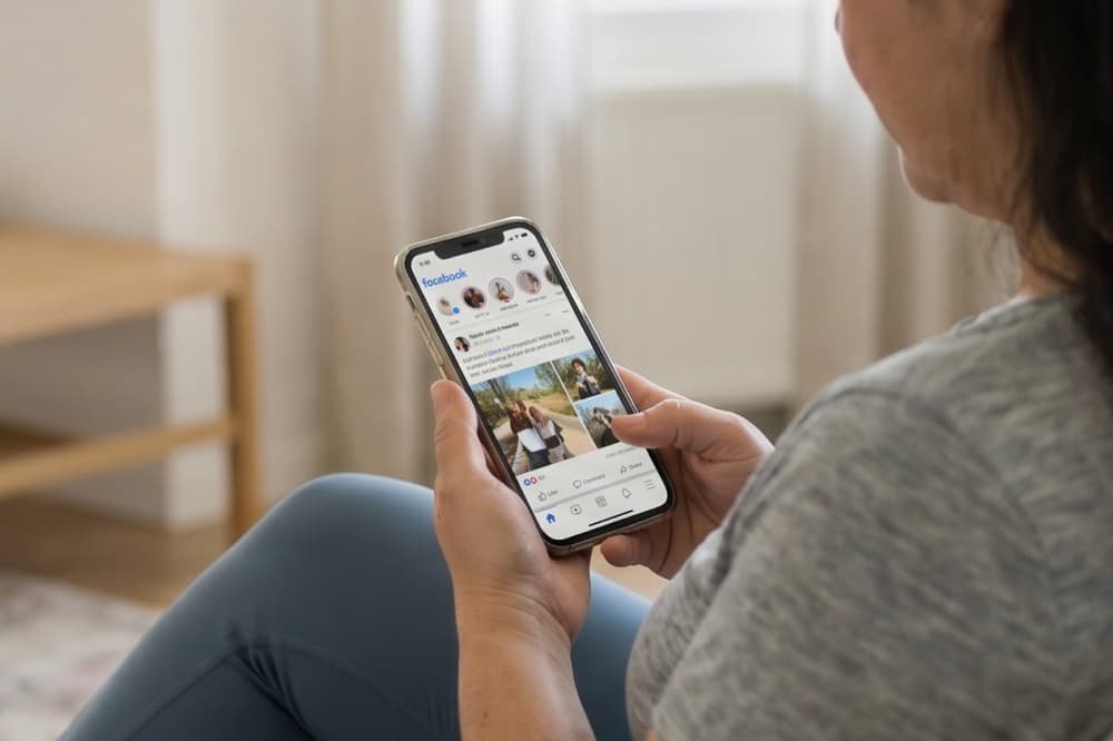 A person sitting indoors, holding a smartphone and scrolling through their Facebook feed. The Facebook app interface is visible on the phone’s screen. The person is casually dressed and seated comfortably.