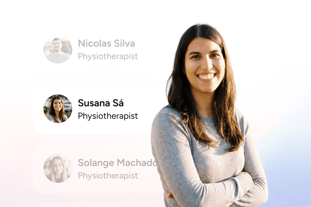 A smiling woman with long dark hair and a grey sweater stands with arms crossed. Her profile, Susana Sá, Physiotherapist, is highlighted among other blurred profiles on the left.