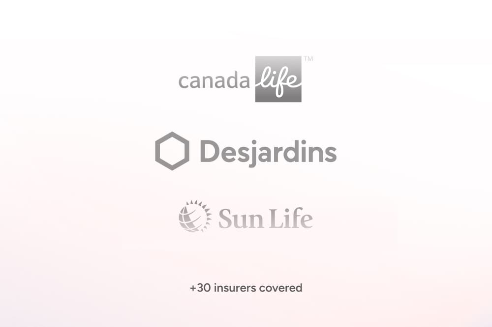 Logos for Canada Life, Desjardins, and Sun Life are shown vertically, with the text +30 insurers covered at the bottom on a light background.