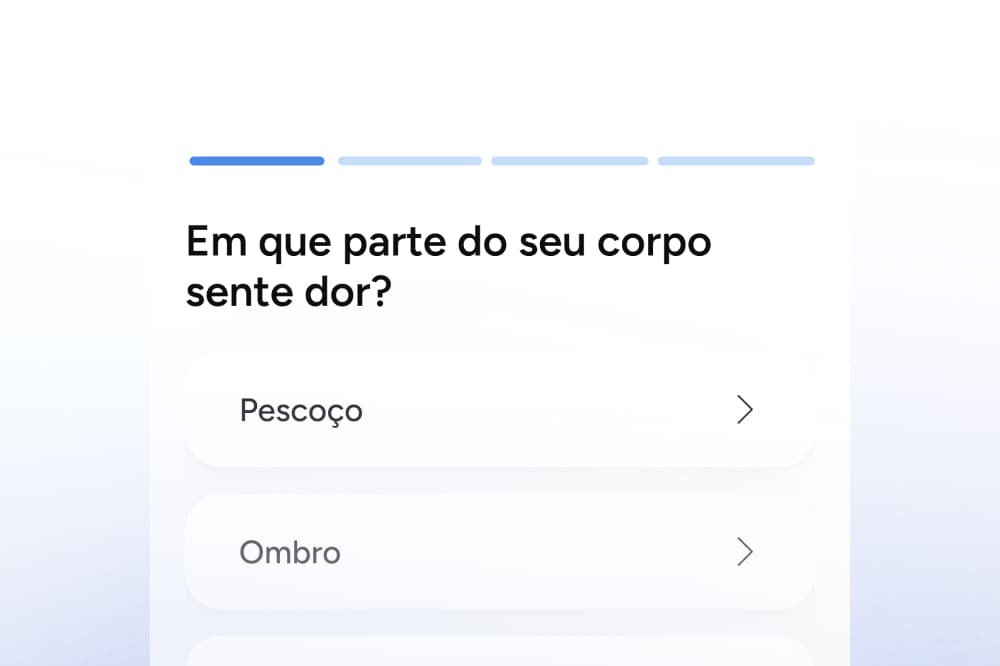 A digital interface in Portuguese asks, Em que parte do seu corpo sente dor? with selectable options below, including Pescoço and Ombro. Blue progress bar at the top.
