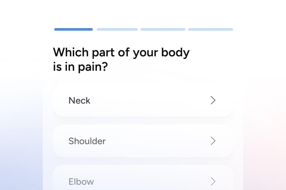 A screen with the question Which part of your body is in pain? and options listed below: Neck, Shoulder, and Elbow. Each option has an arrow indicating it can be selected.