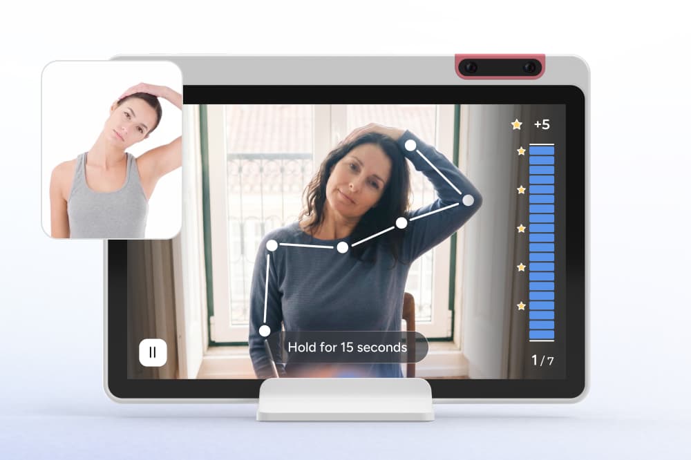A woman does a neck stretch while following an exercise app on a tablet, which shows her progress and onscreen instructions to hold the pose for 15 seconds. A small inset image demonstrates the stretch.