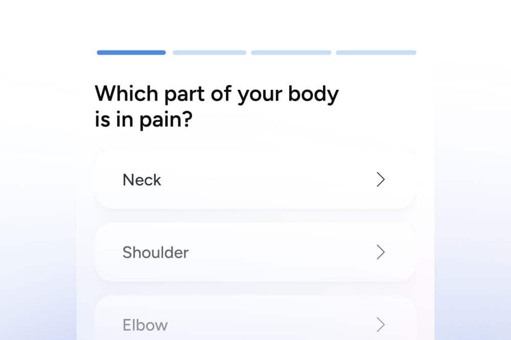 A screen displaying a question: Which part of your body is in pain? with selectable options listed below, including Neck, Shoulder, and Elbow.