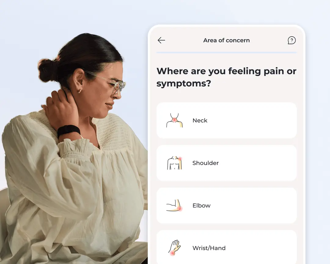 Woman in glasses using a health app on a smartphone, with options for pain areas: neck, shoulder, elbow, and wrist/hand.