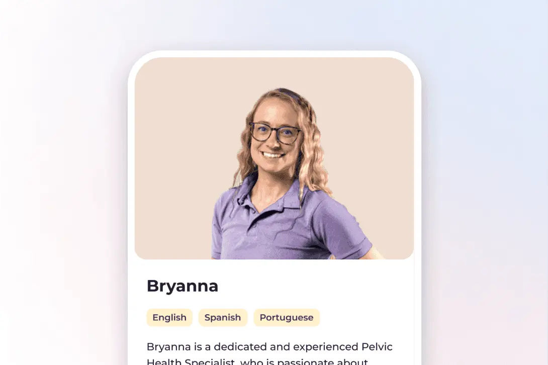 Person with long hair and glasses smiling, wearing a purple shirt. Text below includes name, languages, and a brief description.