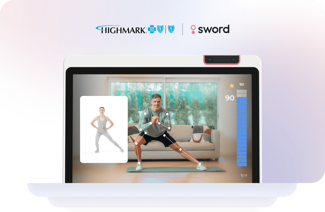 A person exercising in front of a screen showing a virtual trainer and progress metrics. Highmark and Sword logos are displayed above.