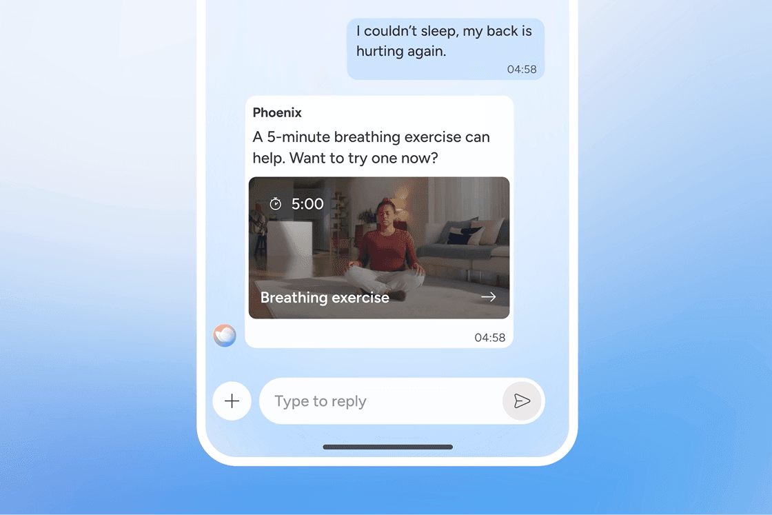 A chat screen shows a message: I couldnt sleep, my back is hurting again. Below, a response suggests a 5-minute breathing exercise with a thumbnail of a woman meditating on a yoga mat in a living room.
