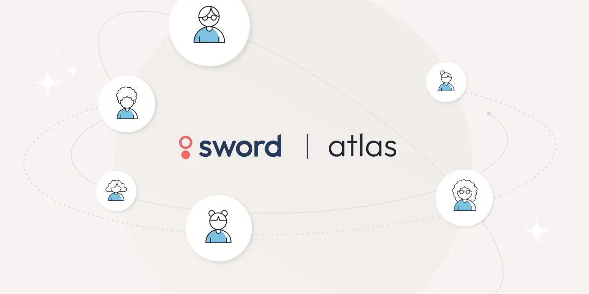 Illustration of five avatars connected around the "Sword | Atlas" logo, symbolizing networking or collaboration.