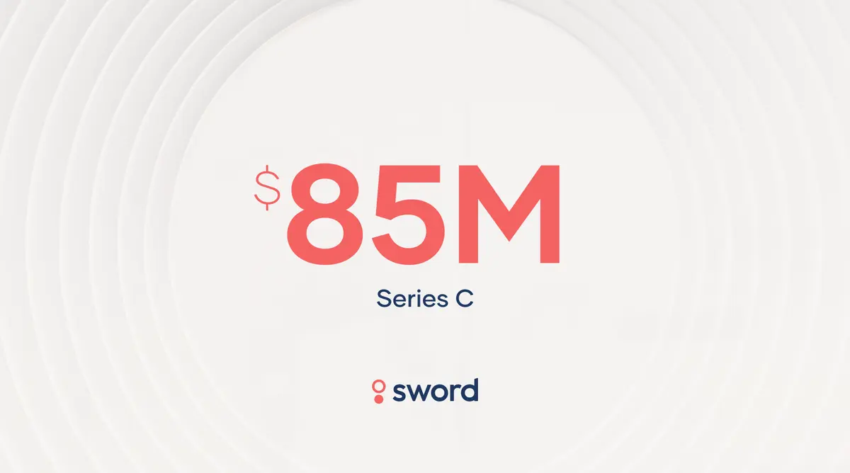 Text displaying "$85M Series C" with a logo beneath that reads "sword" on a light background with circular patterns.