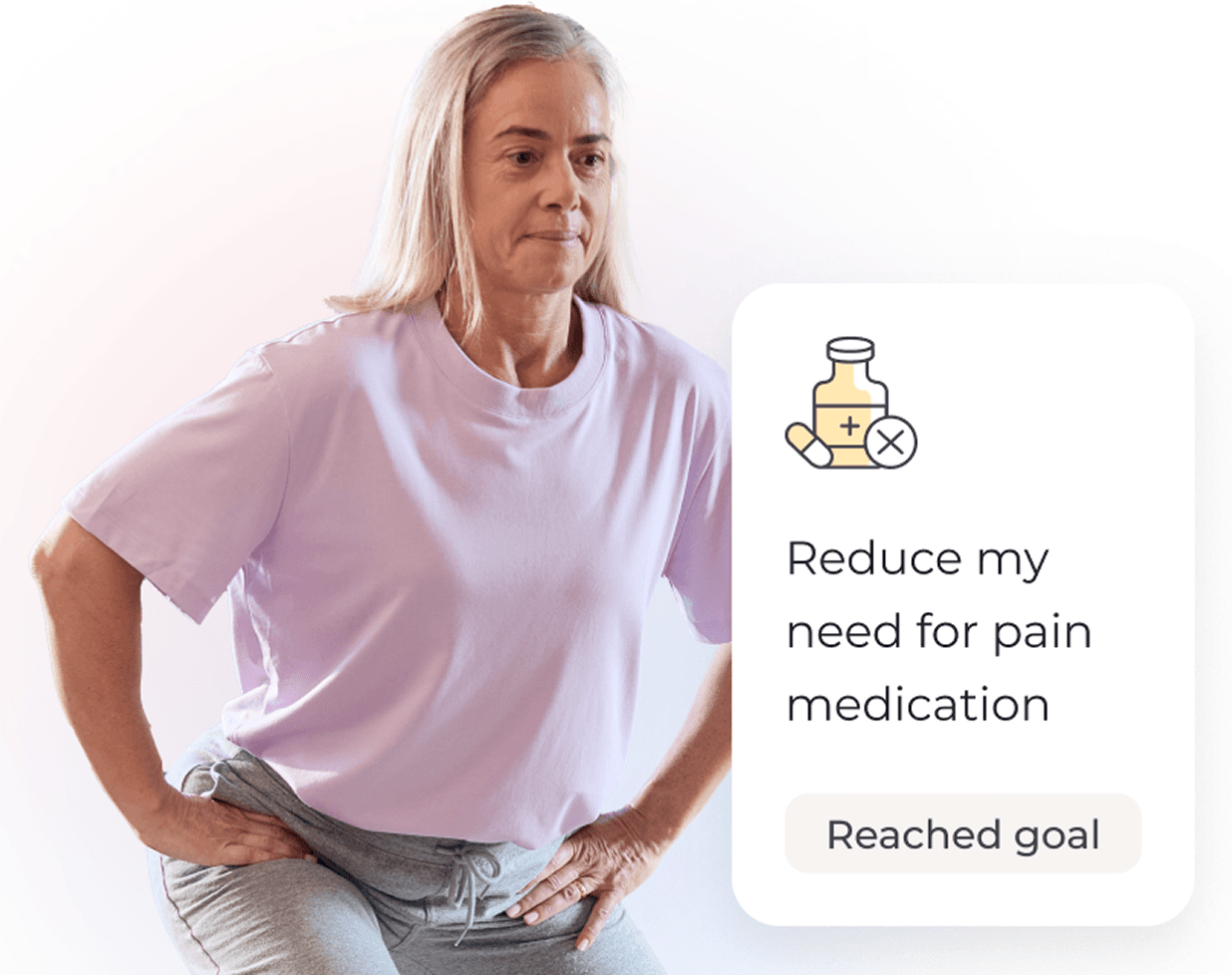 A woman in a light purple shirt exercises, with a text overlay: "Reduce my need for pain medication. Reached goal."