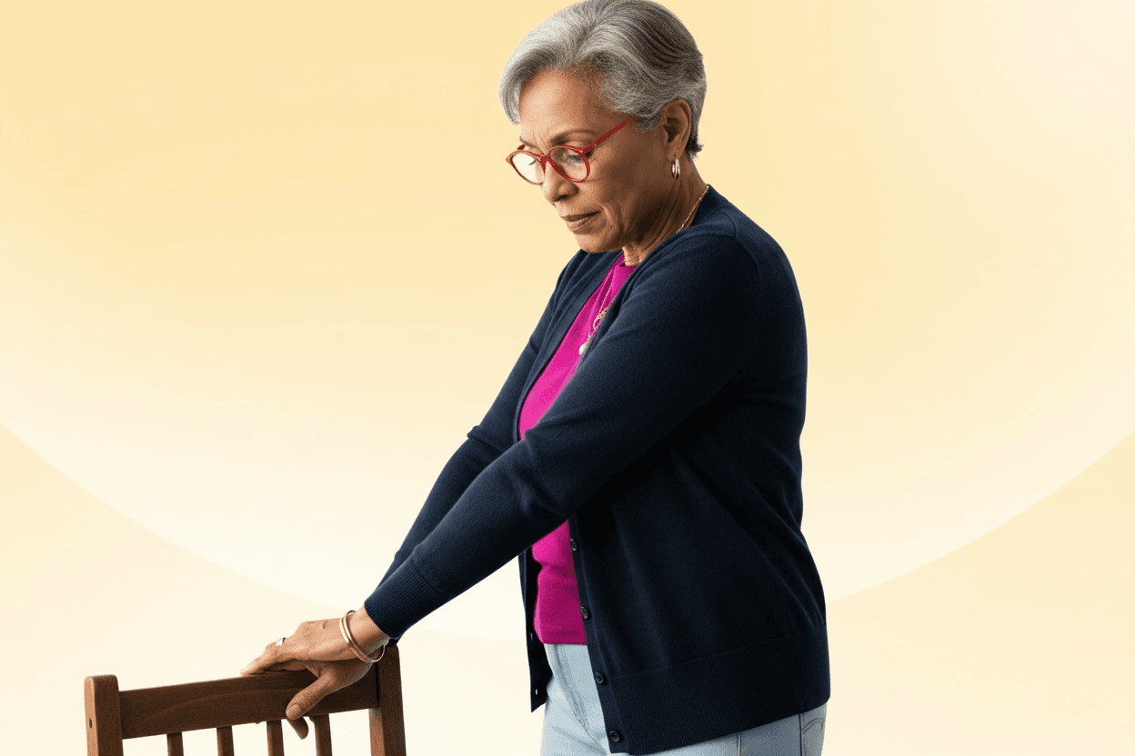 Elderly woman with gray hair and red glasses stands holding a wooden chair, wearing a dark cardigan and pink shirt, on a soft yellow background.