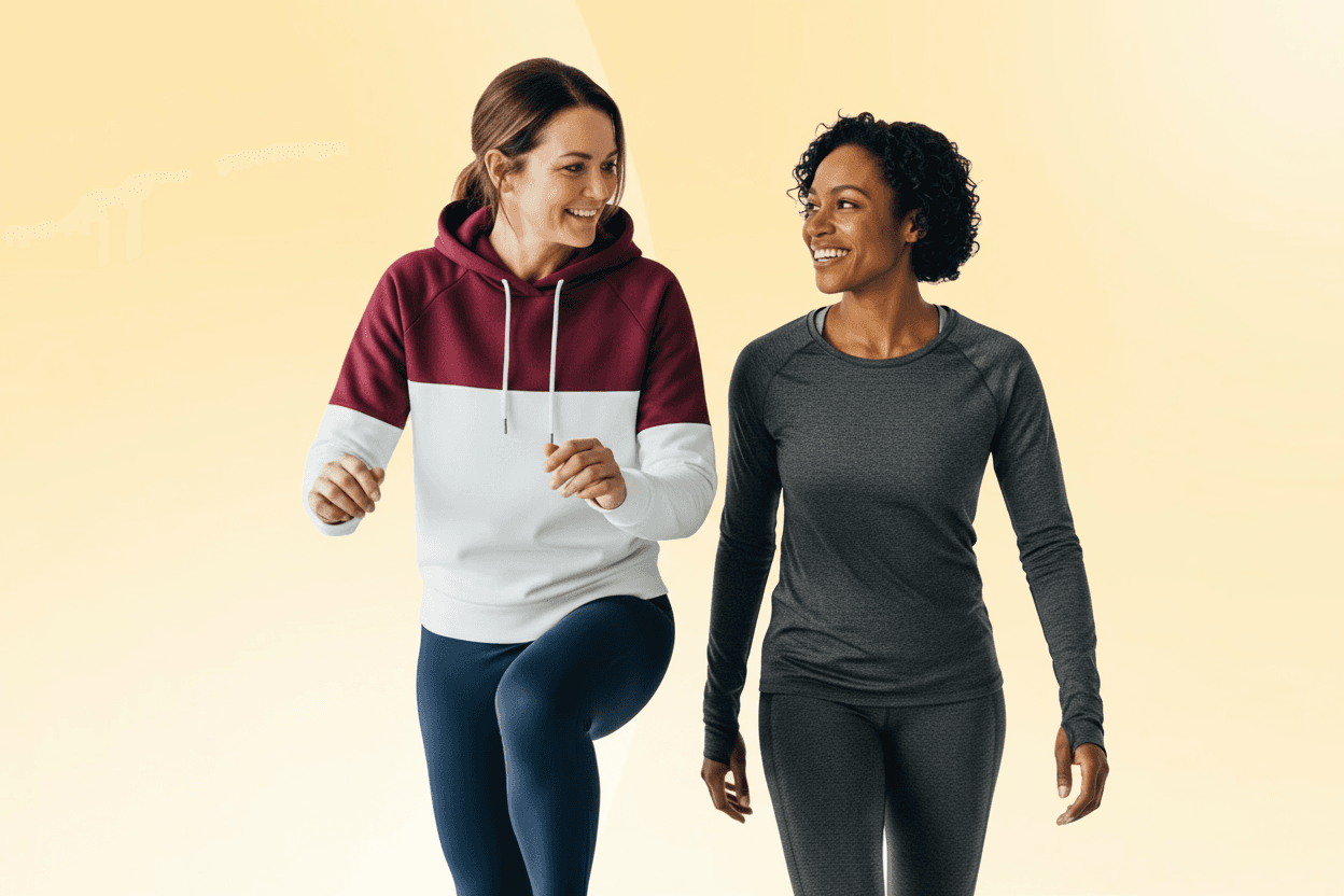 Two women in their late thrities chatting to each other while performing lunges