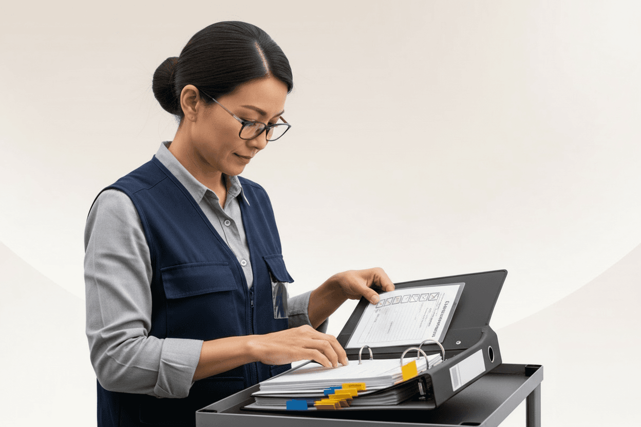 Woman in glasses and uniform examines documents in folders on a cart, in a well-lit room.