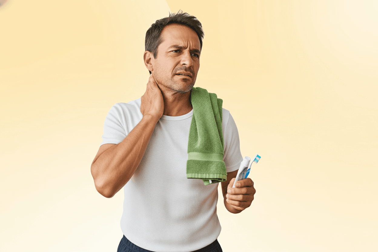 Man holding the side of his neck with a pained expression, suggesting neck pain after sleeping.