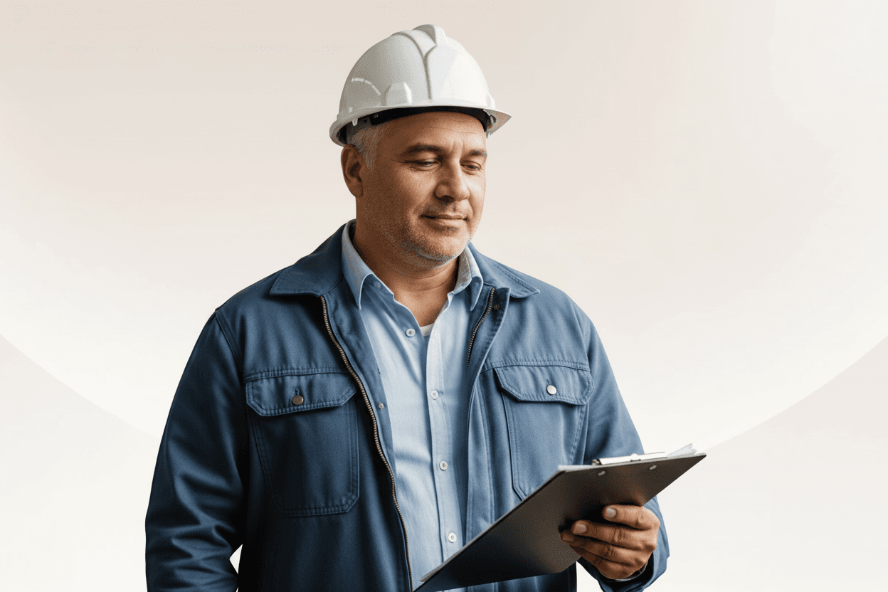 Manufacturing executive in industry workwear reviews a healthcare spending flowchart on a clipboard