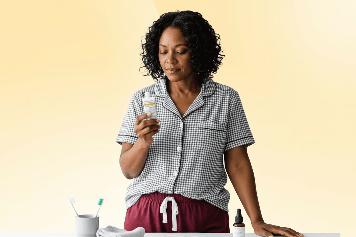 Woman in checkered pajamas examines a skincare product. A counter holds a toothbrush, cup, towel, and dropper bottle, set against a light background.