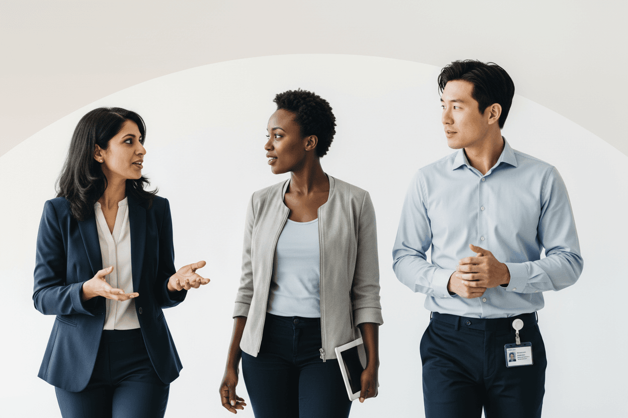 Three healthcare executives walking through an office corridor while talking with each other