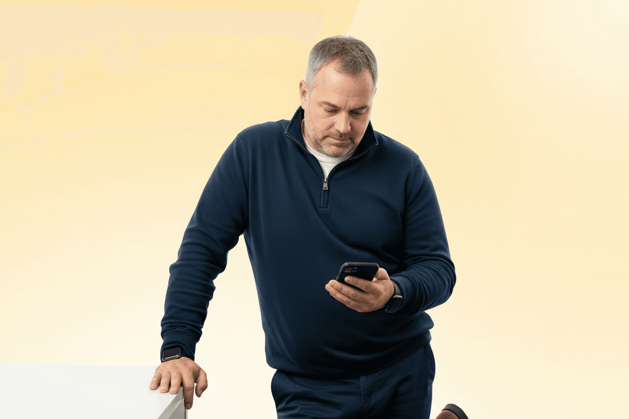 Man in a navy sweater leans on a table, looking at his smartphone, against a light yellow background.