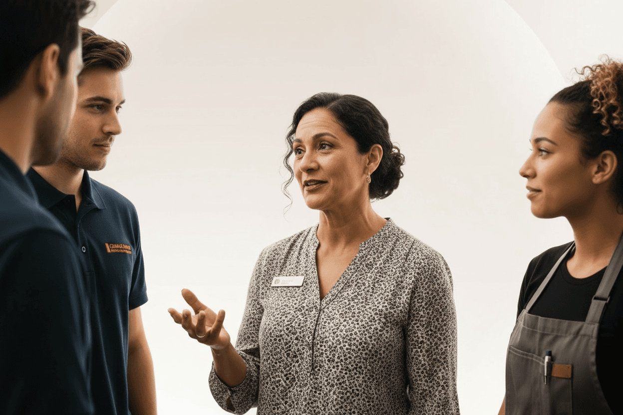 A woman wearing a name badge speaks animatedly to three attentive colleagues in professional attire against a light background.