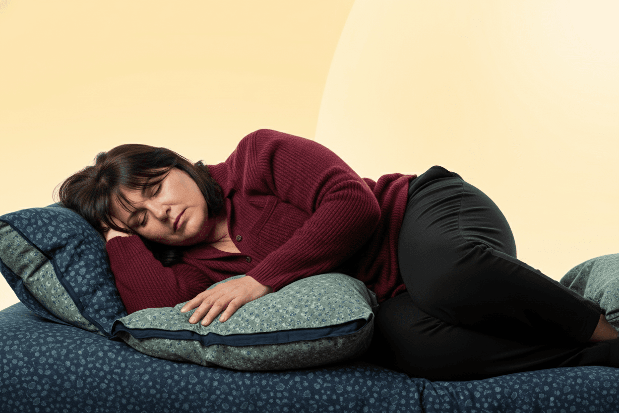 Femme allongée sur le côté dans son lit, les yeux fermés, illustrant la douleur à la hanche pendant le sommeil.