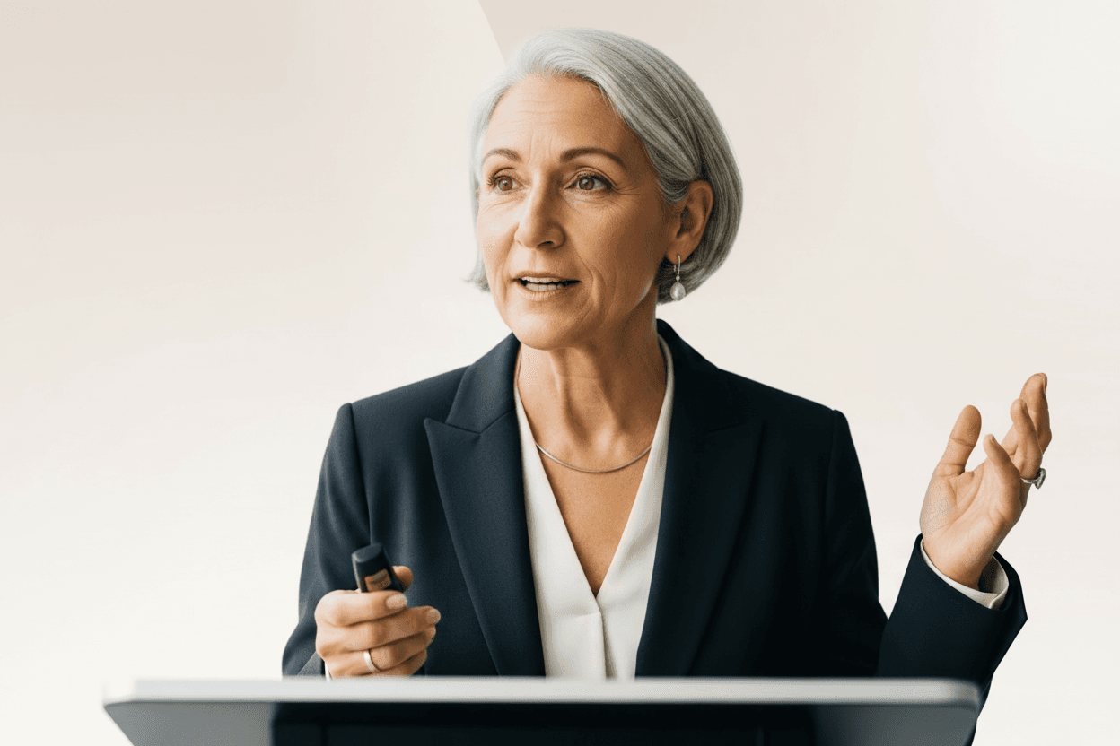 An older woman with short gray hair, wearing a suit, speaks passionately while holding a remote, standing behind a podium.