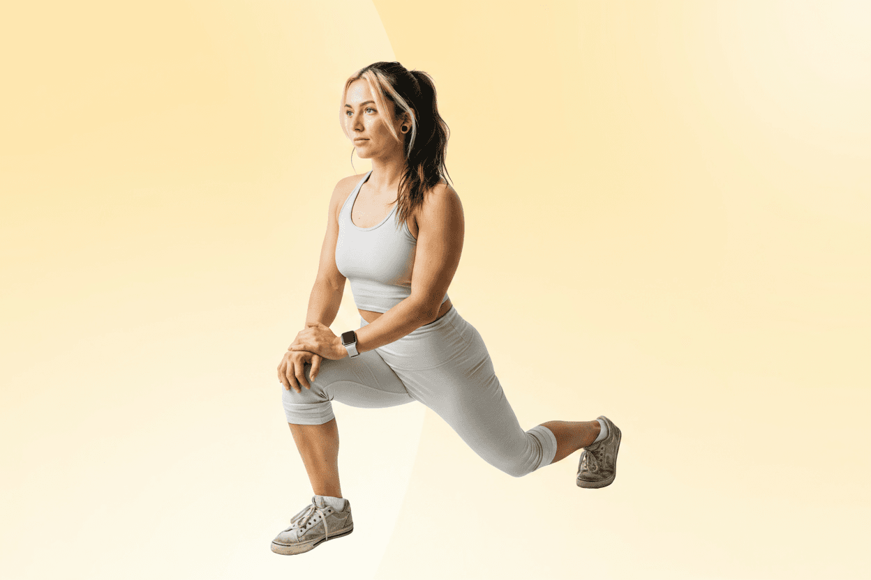 A woman in workout attire performs a lunge against a light yellow gradient background, wearing a smartwatch and sneakers.