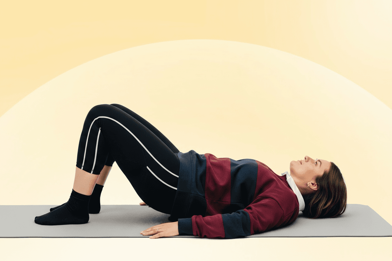 A person in athletic wear performs a bridge exercise on a yoga mat against a soft, gradient yellow background.
