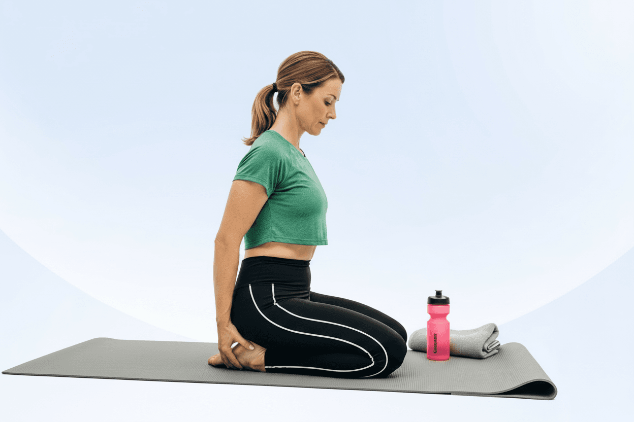 A woman in a green top and black leggings sits cross-legged on a yoga mat, next to a pink water bottle and a folded towel.
